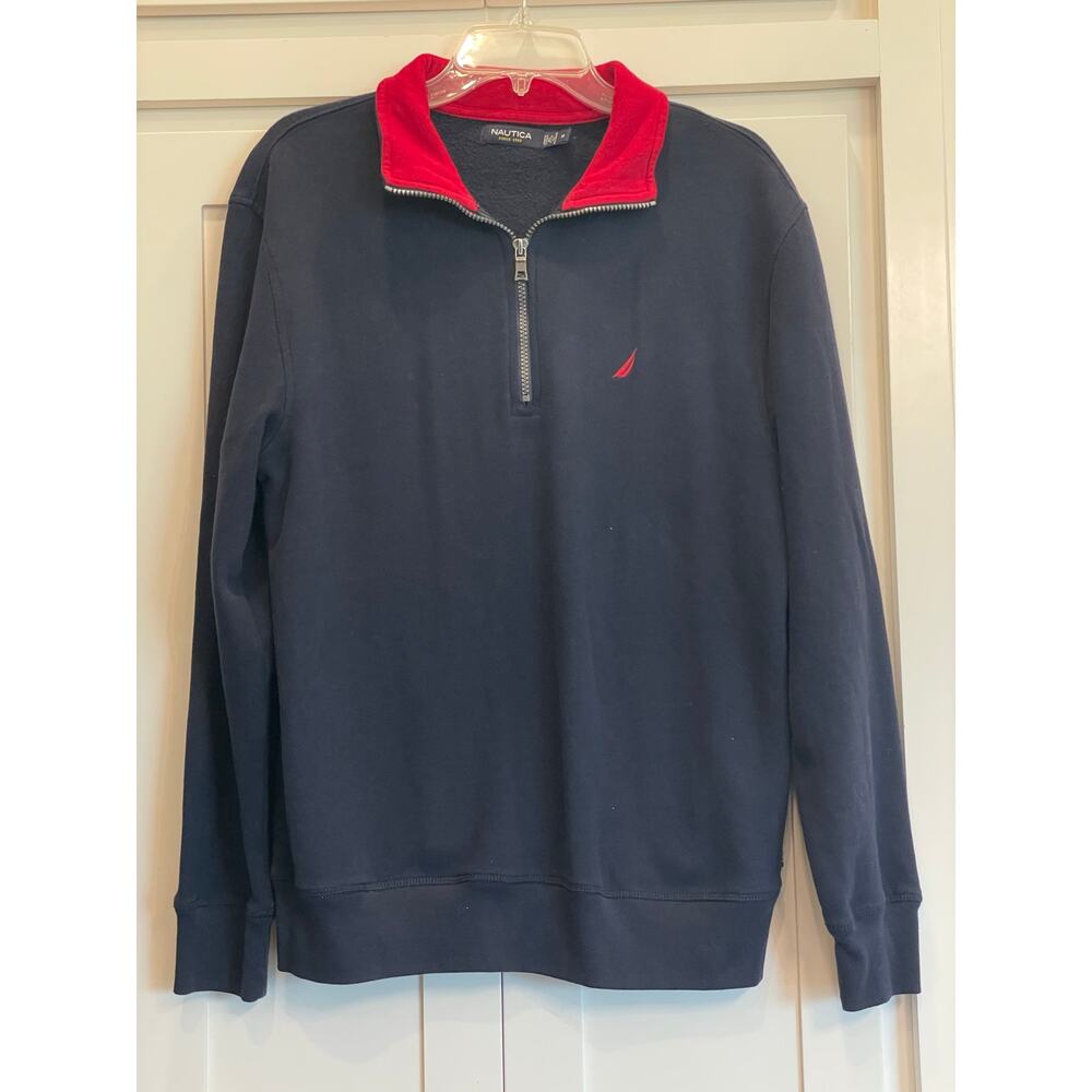 Nautica Men’s Medium Navy Quarter Zip Fleece Pullover Red Collar Y2K